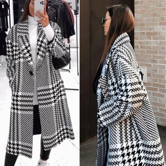 Zara Oversized Plaid Houndstooth Coat Longline 8083/114/070 M Blogger Favorite - Picture 5 of 16